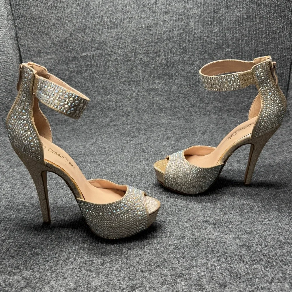 Dream Pairs Swan-05 Womens 5 Gold Rhinestone Stiletto Platform Ankle Strap Heels